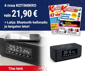 Kotimikro -lehteä + Bluetooth-kelloradio ja langaton laturi